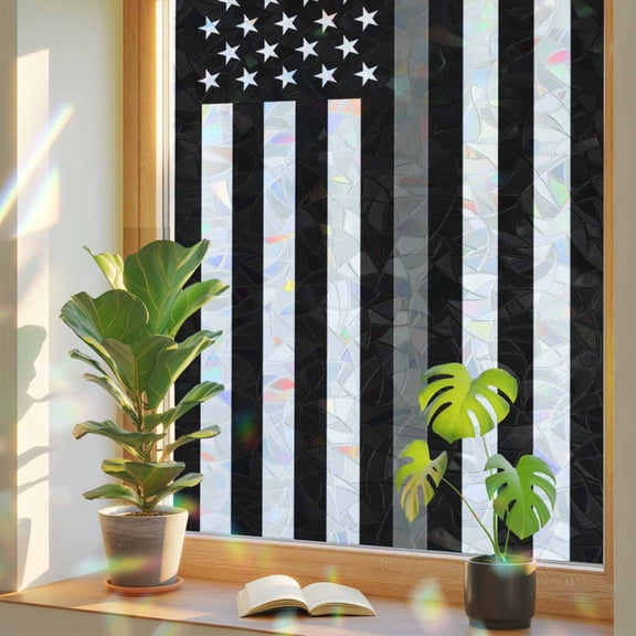 Thin Grey White Line Window Privacy Film Rainbow Static Cling Stain Glass Window Film for Glass Door, Decorative UV Blocking Sunroof Decal Sticker for Car Bathroom Home 23.6"x59" American Flag Star