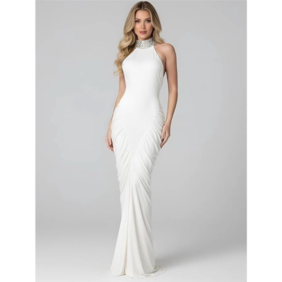 Thin Halter Elegant Dress Women Bead Button Backless Hollow Ruched Peach Hip Cocktail Party Sexy Stretch Bodycon