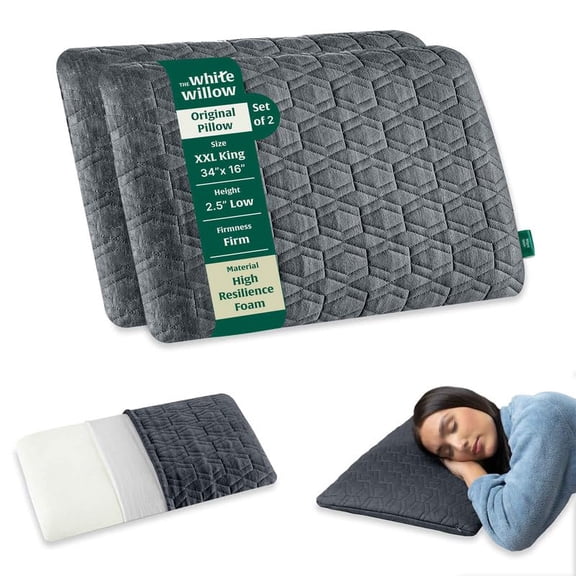 Thin Hard Pillow For Sleeping, Orthopedic Cervical Pillow, Grey - XXL King Size - 2.5 Inch | Slim Pillow For Neck & Shoulder Pain Relief - Flat Pillow, Extra Firm, Washable Cover - Set Of 2