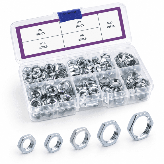 Thin Hex Lock Nut Assortment Kit, 5 Sizes, White Zinc Plated, For Plumbing and Fastening