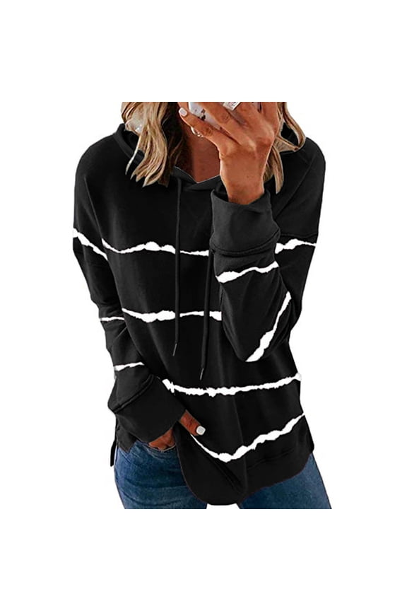 Thin Hooded Tunic Sweatshirts For Women Fashion Casual Striped Graphic Printed T Shirt Long Sleeve Loose Cozy Lightweight Pullover Sweatshirts Tops Black XXXXXL