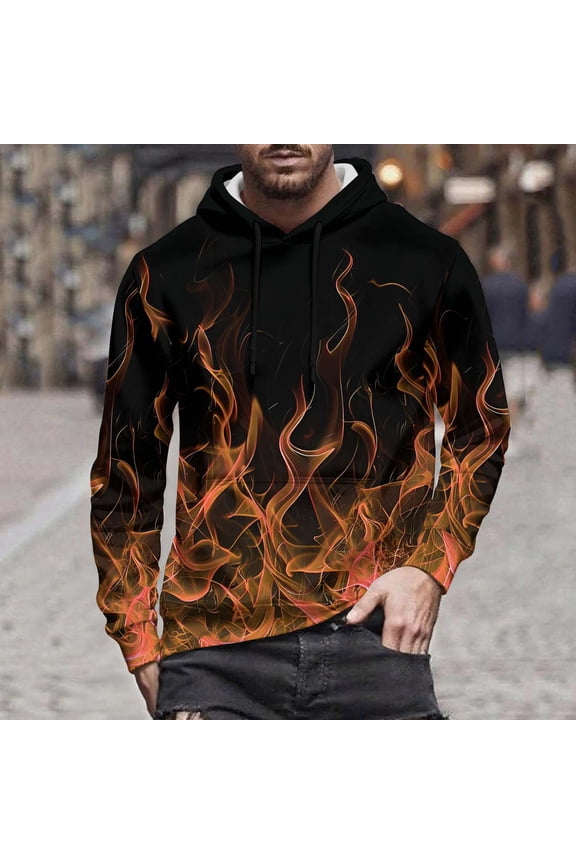 Thin Hoodies for Women Ndbuld Fall And Winter Men And Women Hooded Sweater Flame Printing Pullover Blouse with Pocket Orange XXL