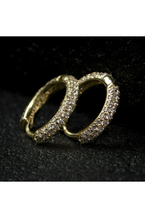 Fully Iced Cz 14K Yellow Gold Plated 925 Sterling Silver Post Small Thin Fashion Huggie Hoop Earrings For Men And Women Lightweight 11mm Hoop Earrings