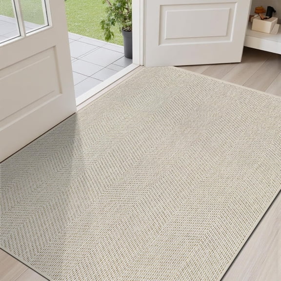 Thin Indoor Door Mat 36"x59", Washable Door Mat Indoor Entrance, Non Slip Rubber Backing Doormat Low-Profile Inside Entryway Mat,  Herringbone Design Entry Mat, Khaki (FOLD)