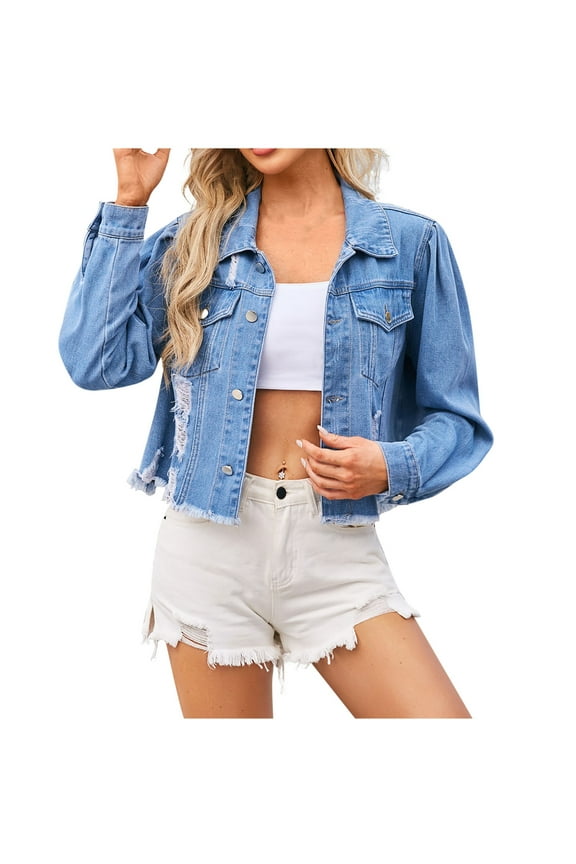 Thin Ladies Rain Jacket Women's Cropped Denim Jackets Oversize Long Sleeve Basic Button up Jean Jacket with Pockets Cute Teen Hoodies S-41 Blue S