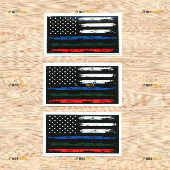 Thin Line Blue Green Red American Flag Police Military Fire Vinyl Decal Sticker - 3 Pack Reflective 4 Inches - Grunge Subdued Vintage - for Car Boat Laptop 01261