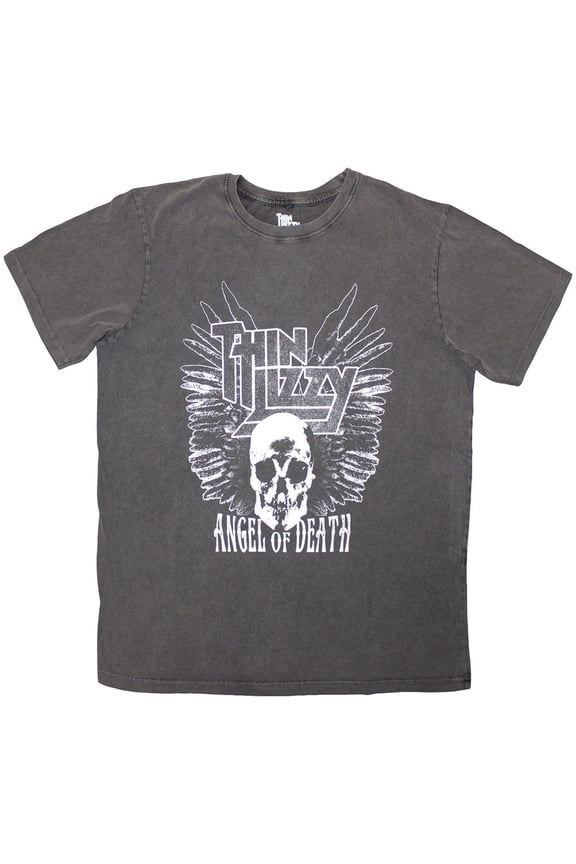 Thin Lizzy Unisex Stone Wash T-Shirt Angel Of Death (Charcoal Grey) (Large)