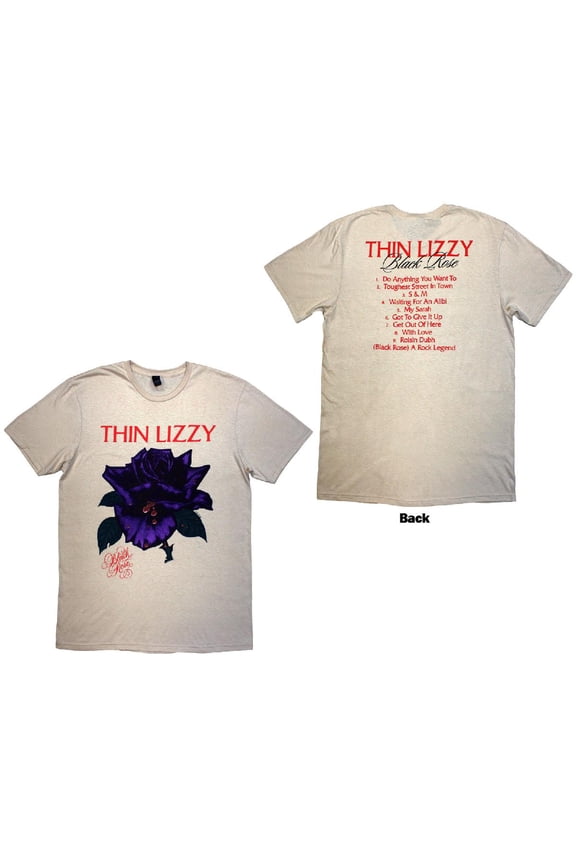 Thin Lizzy Unisex T-Shirt Black Rose Tracklist (Natural) (Back Print) (Large)
