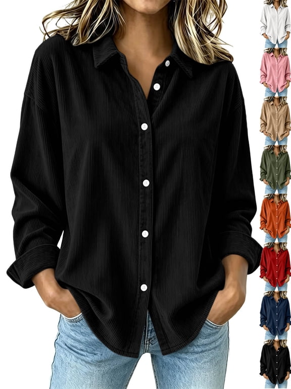 Thin Long Sleeve Shirts Women Dqueduo Women's Fashion Casual Long Sleeve Button Corduroy Jacket, Solid Color Coat