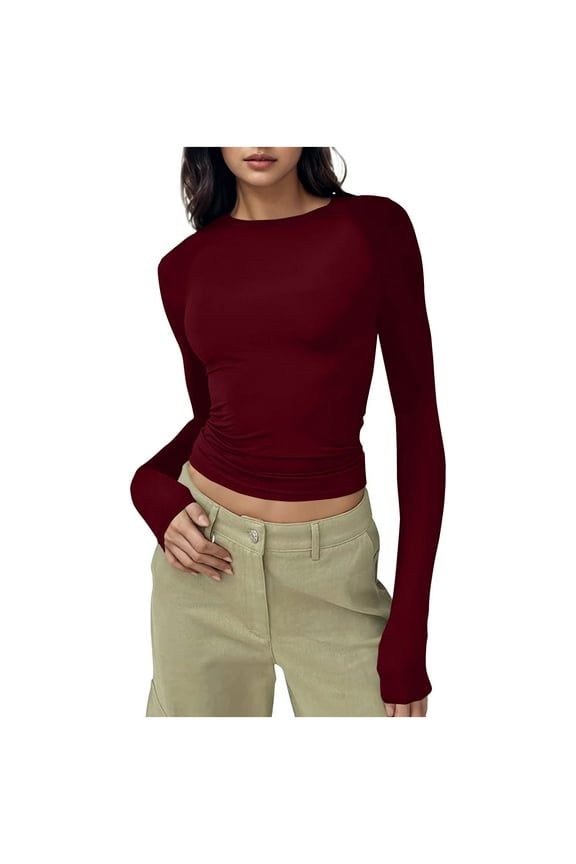 Thin Long Sleeve Top Women's Fashion Casual Round Neck Solid Color T Shirt Pullover Fall Travel Clothes Lightweight Soft Base Layer Stretchable Cozy Shirt Casual Fitted Tops Basic Tees