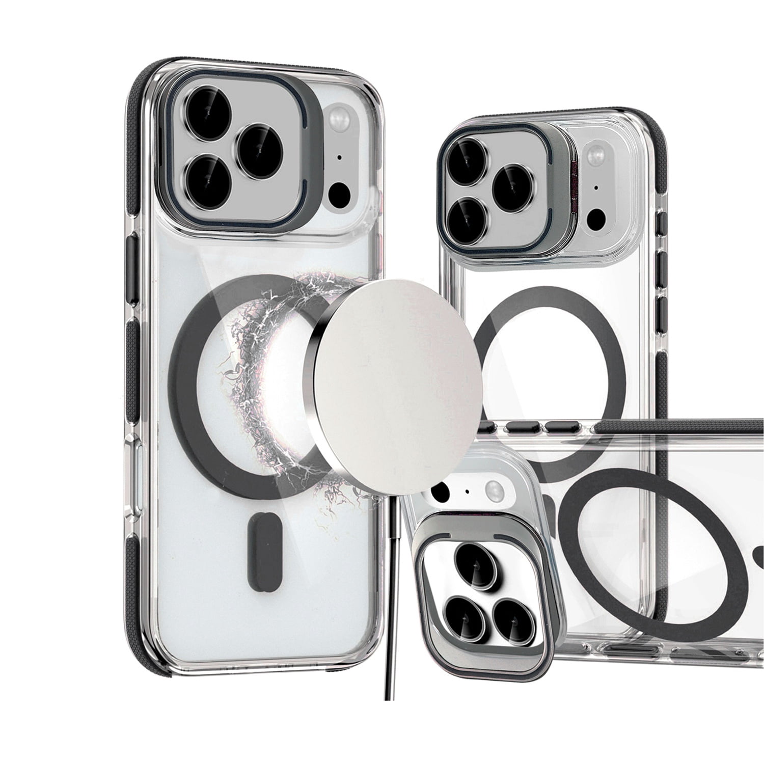 Thin Magnetic Clear Case with Camera Stand Kickstand for iPhone 17 Pro Max - Black