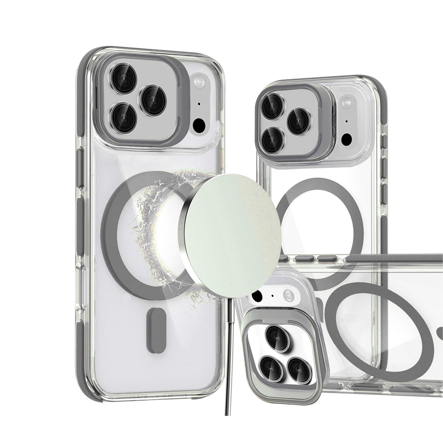 Thin Magnetic Clear Protective Cover with Camera Ring Stand for iPhone 17 Pro Max - Grey