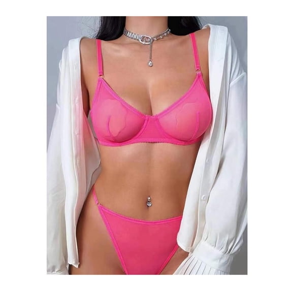 Thin Mesh Bra And Brief Lace See Through Control Push Up Full Cup Supportive Underwear Set, L, Hot Pink