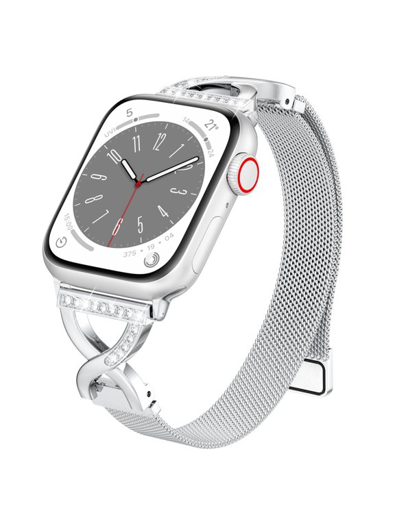 Thin Mesh Loop with X-Shape Clasp Compatible with Apple Watch Bands Women 44mm 45mm 46mm 42mm Metal Magnetic Stainless Steel Strap Diamond X-Clasp for iWatch Bands Series12 11 10 9 8 7 6 5 4 3 2 1 SE