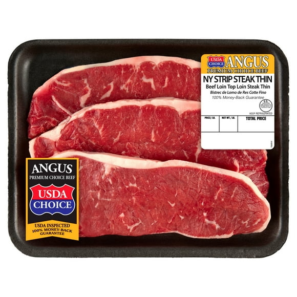 Thin New York Strip Steak, Choice Angus Beef, 3 Per Tray, 0.54 - 1.70 lb
