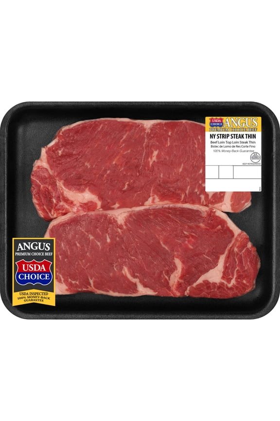 Beef Choice Angus New York Strip Steak Thin, 0.54 - 1.2 lb Tray