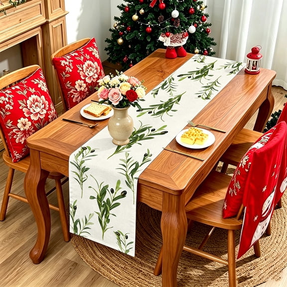 Thin Olive & Eucalyptus Twig 2D Flat Print Polyester Table Runner, Kitchen Table Decor, Rustic Farmhouse Table Decor, 13x48/13x70/13x108 inch