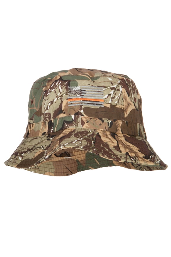 Thin Orange Line USA Flag Embroidered Bucket Hat - Leaf Camo OSFM