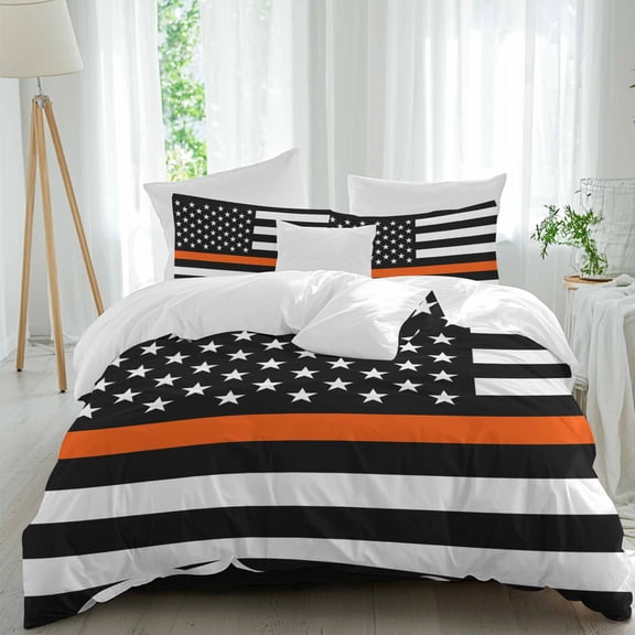 Thin Orange Twin Duvet Cover Set, Line Flag Search Rescue Officer 4 Piece Microfiber Bedding Set with Zipper Closure, Bed Sheet and 2 Pillow Shams, Soft Bedding Cover