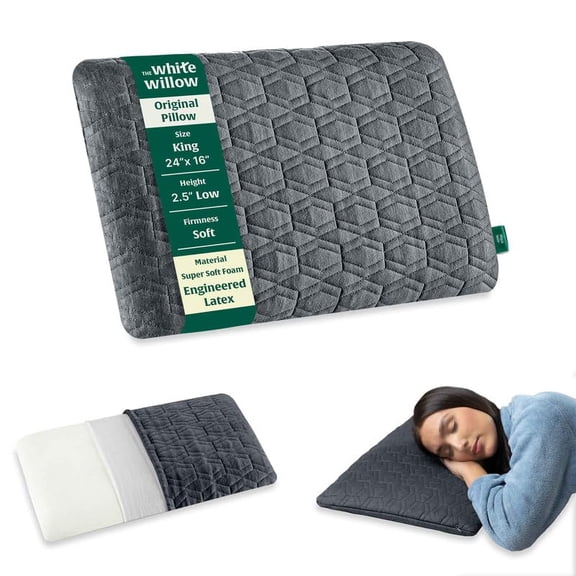 Thin Pillow For Sleeping, Engineered Latex Soft Pillow, Grey - King Size - 2.5 Inch | Slim Pillow For Neck & Shoulder Pain Relief - Flat Pillow | Orthopedic Cervical Pillow For Neck Support