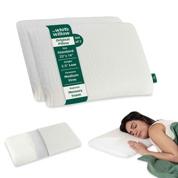 Thin Pillow For Sleeping, Orthopedic Cervical Pillow - Standard Size - 2.5 Inch | Slim Memory Foam Pillow For Neck & Shoulder Pain Relief, Medium Firm, Washable Cover - Set Of 2