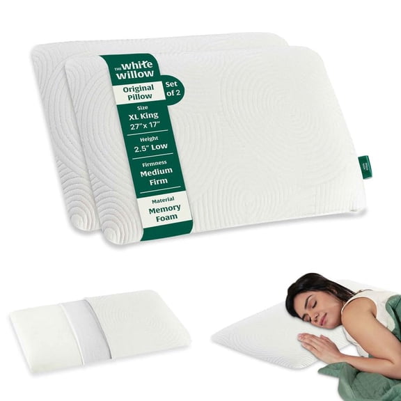 Thin Pillow For Sleeping, Orthopedic Cervical Pillow, Standard Size - 2.5 Inch | Slim Memory Foam Pillow, Pillow For Neck & Shoulder Pain Relief | Medium Firm, Washable Cover - Pack Of 2