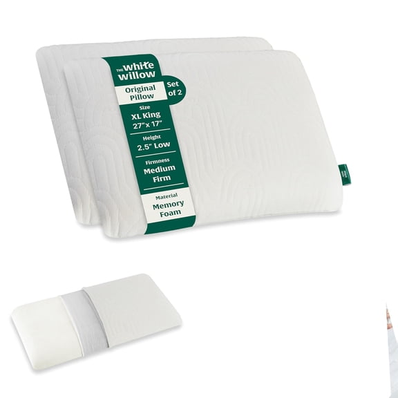 Thin Pillow For Sleeping, Orthopedic Cervical Pillow - XL King Size - 2.5 Inch | Slim Memory Foam Pillow For Neck & Shoulder Pain Relief, Medium Firm, Washable Cover - Set Of 2