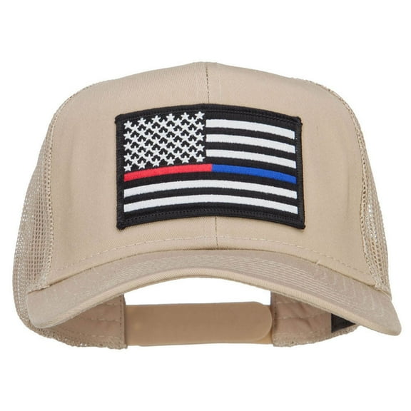 Thin Red Blue Line USA Flag Patched Mesh Cap - Khaki OSFM