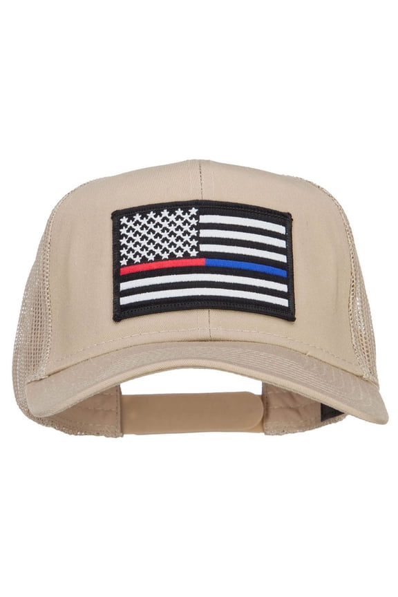 Thin Red Blue Line USA Flag Patched Mesh Cap - Khaki OSFM