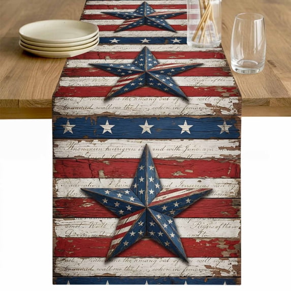 Thin Red Blue Lines Table Runner - 60 Inch Long Vintage Texas Star Distressed Striped Cotton and Linen Blended Dress Scarves Farmhouse Table Runner for Kitchen Dining, Coffee Table, 13" x 60"