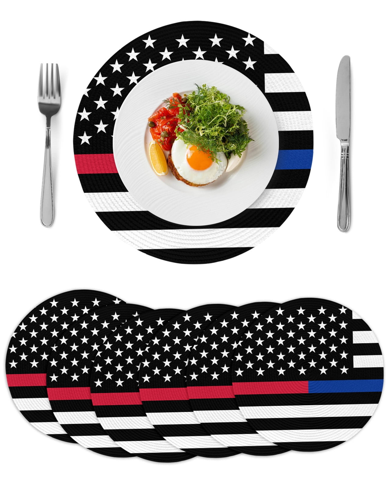 Thin Red Blue White Line Round Placemats Set of 6 for Dinning Tables ...