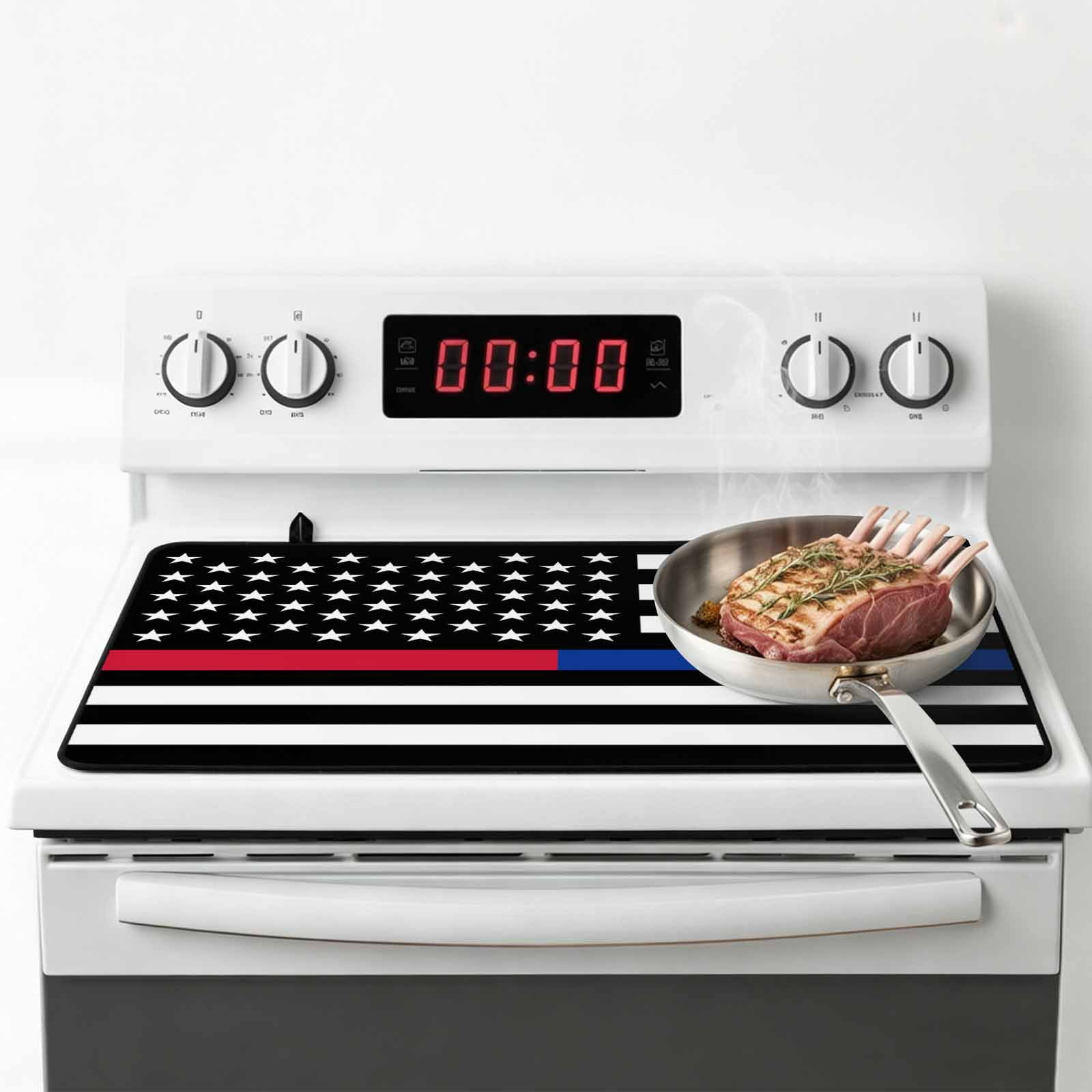 Thin Red Blue White Line Stove Top Cover for Electric Stove, Heat-proof & Non Slip Glass Top Stove Cover Protector, American Flag Star Kitchen Flat Cooktop Rubber Mat 24x21 Inches