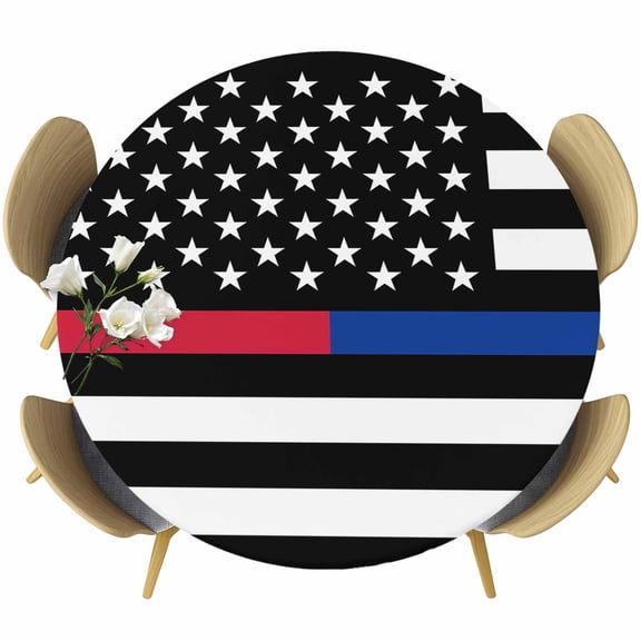 Thin Red Blue White Line Table Cloth, Round Fitted Tablecloths with Elastic Edge, American Flag Star Wipeable Waterproof Table Cover for Kitchen Wedding 55-60 Inches