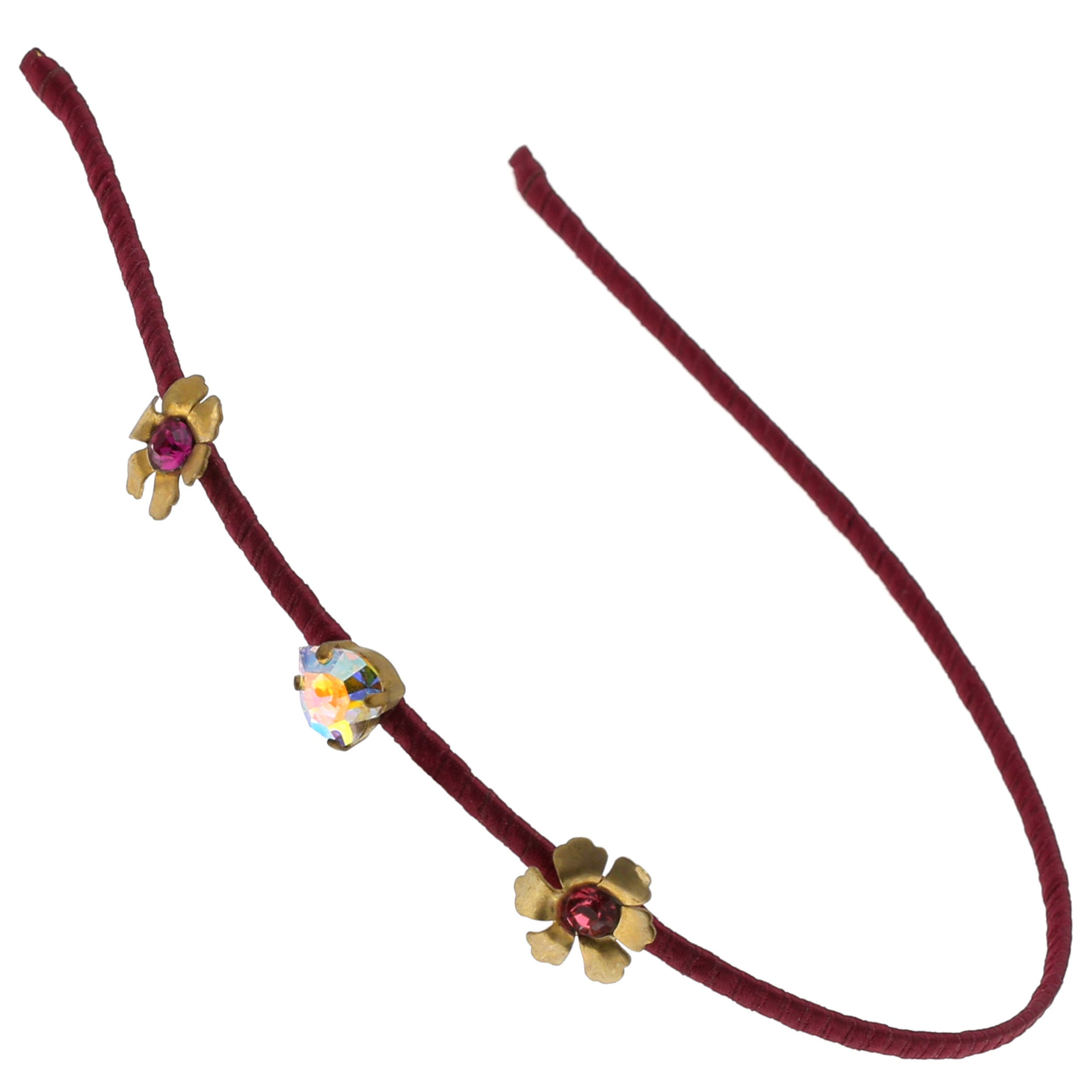 Thin Red Brass Headband with Swarovski Crystals and Brass Flowers