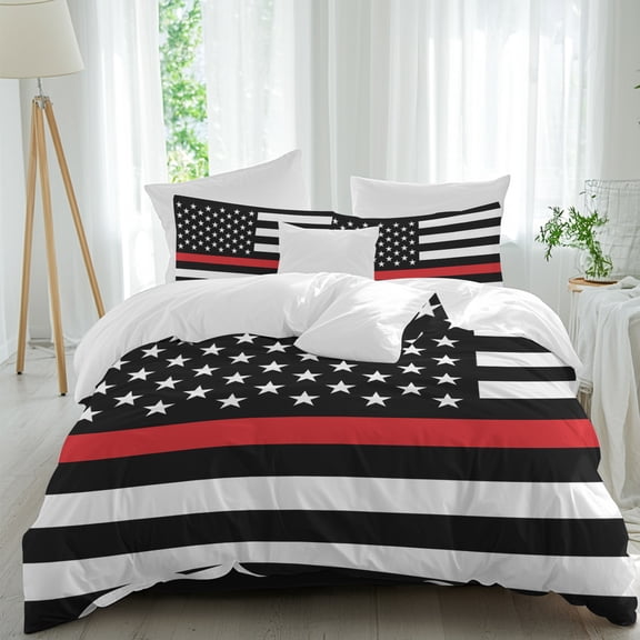 Thin Red Comforter Set Queen Size, Line Flags American Firefighter Red Stripes Flag Soft Bedding Set for Man Woman, 4 Pieces Duvet Cover Set with Fitted Sheet, 2 Pillowcases