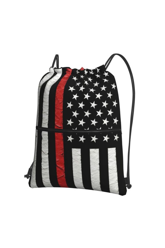 Thin Red Firefighter Line America Flag Drawstring Backpack Water Resistant String Bag Sports Sackpack Gym Sack For Men Women
