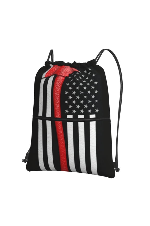 Thin Red Firefighter Line Axe Flag Pattern Drawstring Backpack Water Resistant String Bag Sports Sackpack Gym Sack For Men Women