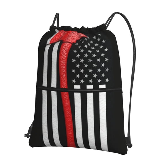 Thin Red Firefighter Line Axe Flag Pattern Drawstring Backpack Water Resistant String Bag Sports Sackpack Gym Sack For Men Women