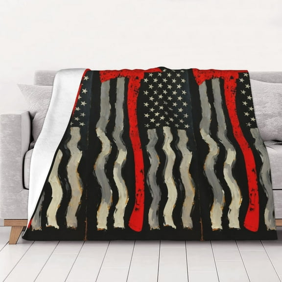 Thin Red Firefighter Line Axe Flag Throws Blanket Fleece Soft Cozy Warm Plush for Travel Chair Bedroom Living Room Sofa 40"x30"