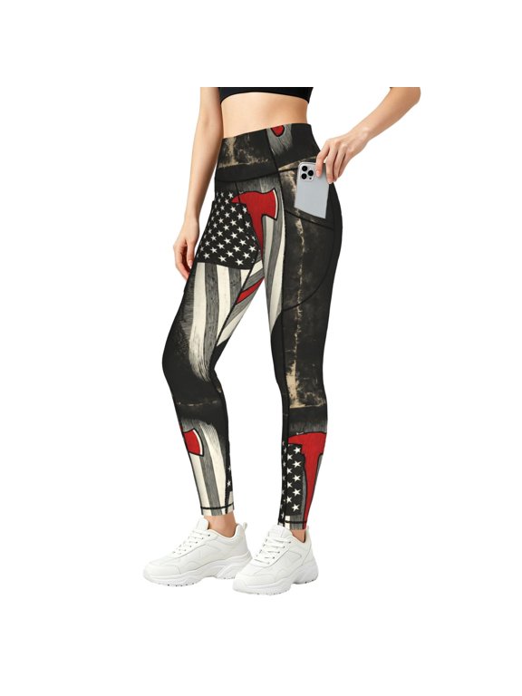Thin Red Firefighter Line Flag Art High Waisted Yoga Pants with Pockets Leggings for Women Tummy Control Workout Leggings Small