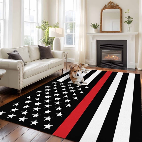 Thin Red Large Area Rugs 6x9 ft Line Flags American Firefighter Red Stripes Flag Washable Rug Non Slip Indoor Carpet Absorbent Floor Mat for Living Room Bedroom Dining Room