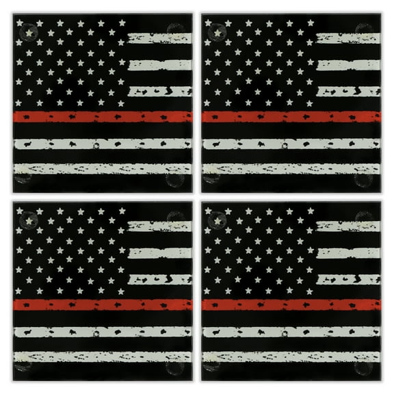 Thin Red Line 3.5" Square Glass Coasters by DCM Solutions (4 Count)