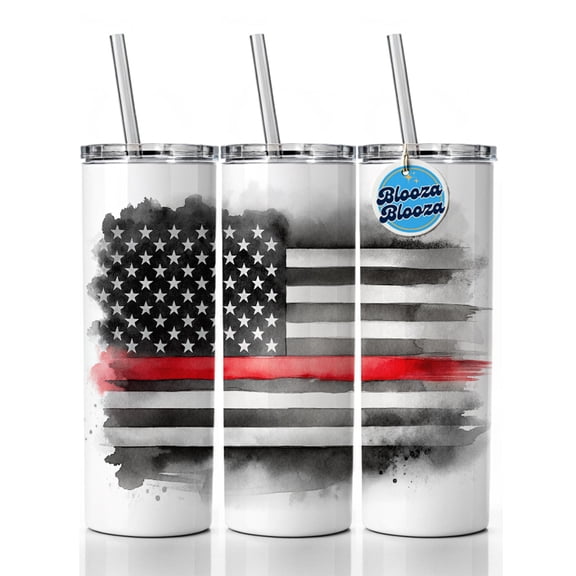 Thin Red Line Black And White American Flag Support Firemen Firefighters 20oz Insulated Water Bottle Skinny Tumbler Includes Straw