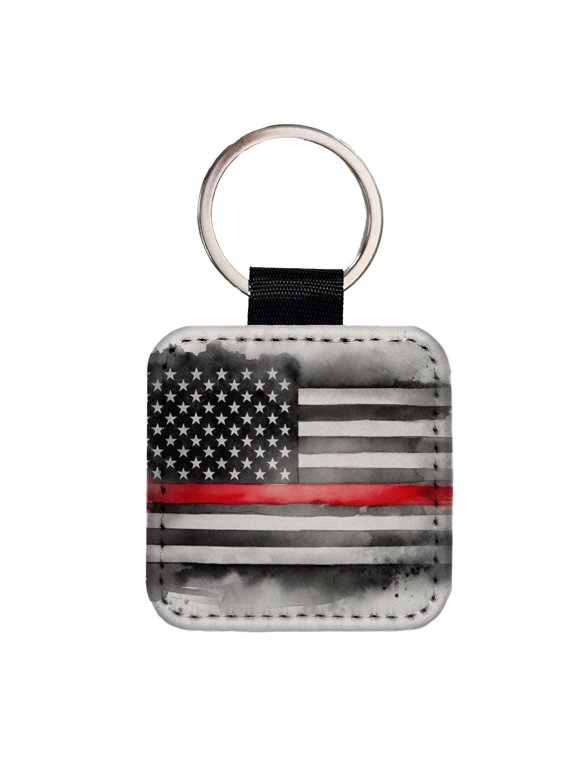 Thin Red Line Black And White American Flag Support Firemen Firefighters Faux Leather Square Keychain