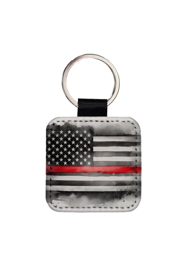 Thin Red Line Black And White American Flag Support Firemen Firefighters Faux Leather Square Keychain