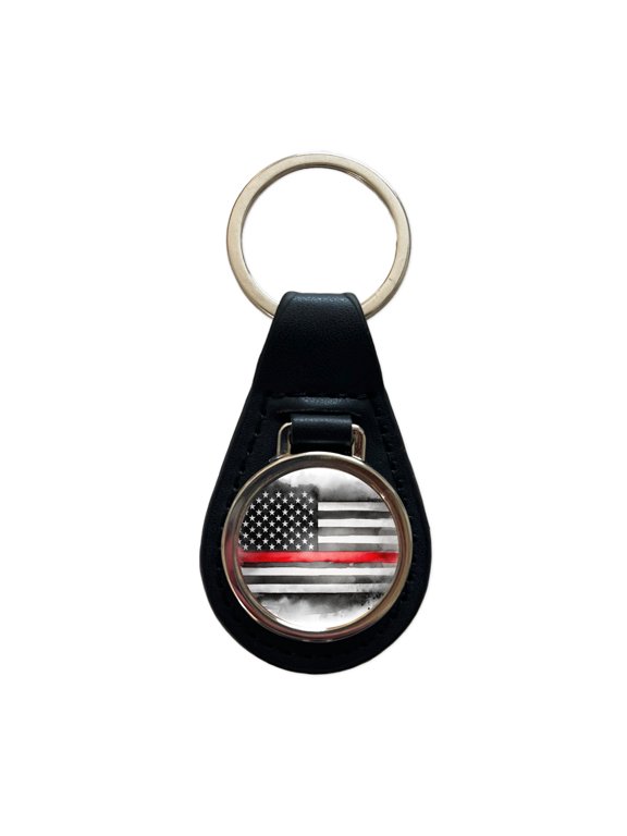 Thin Red Line Black And White American Flag Support Firemen Firefighters Metal Black Leather Keychain
