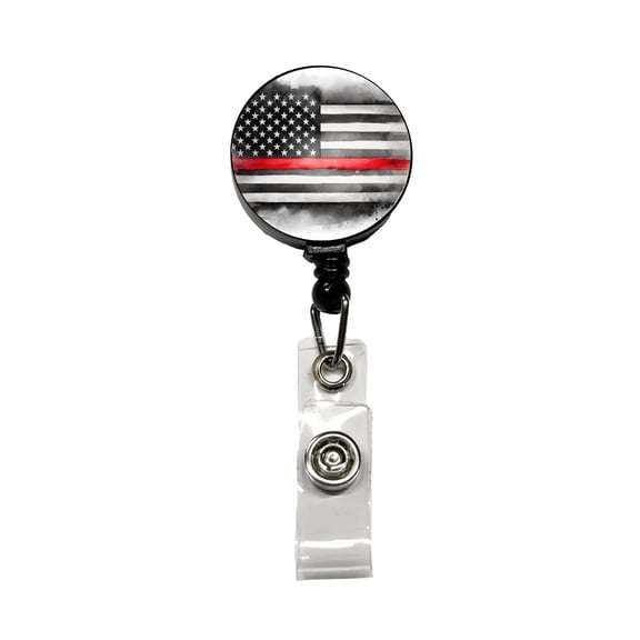 Thin Red Line Black And White American Flag Support Firemen Firefighters Retractable Reel ID Badge Key Card Name Tag Holder with Clip