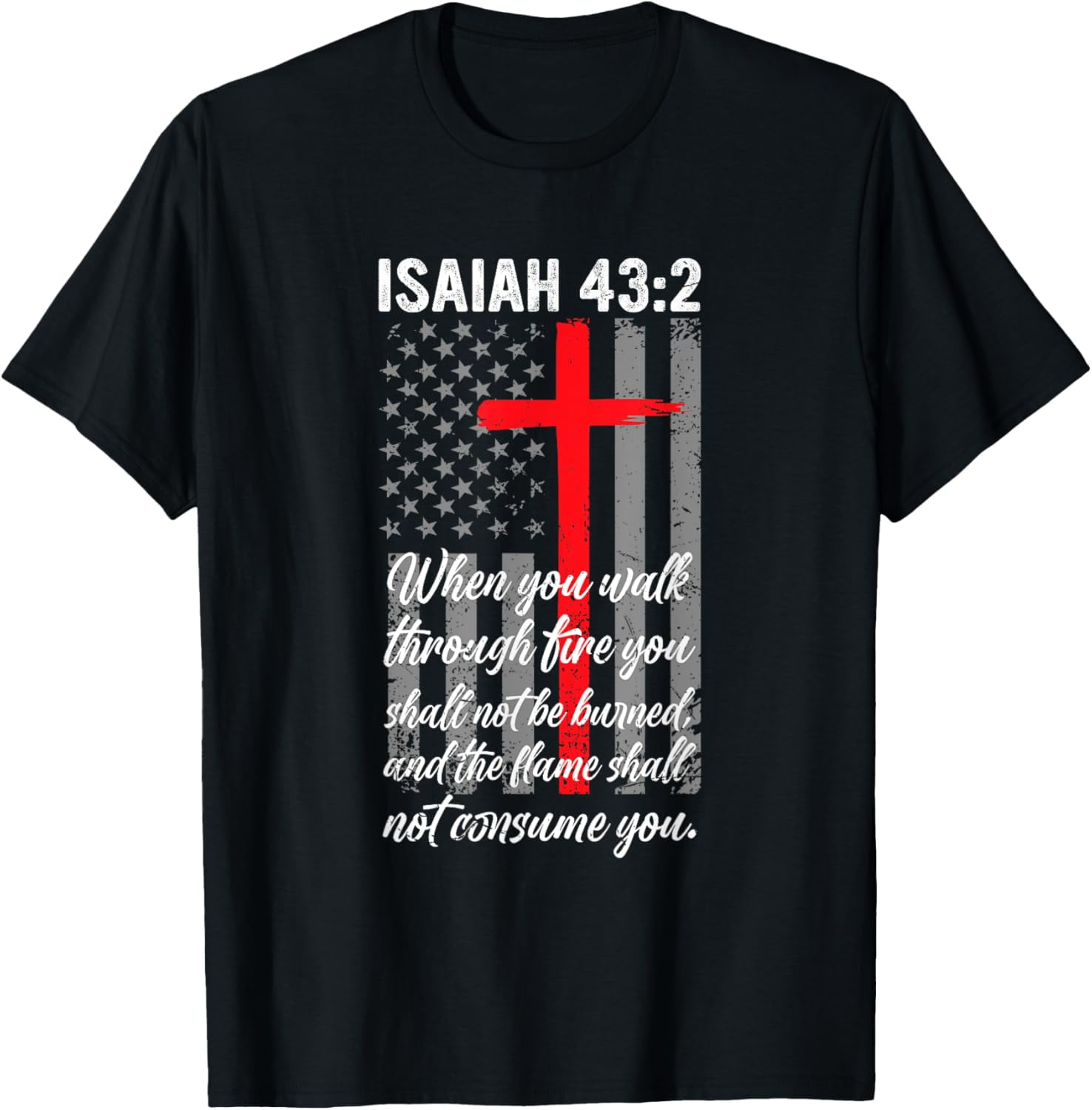 Thin Red Line Firefighter Cross Bible Verse American Flag T-Shirt ...