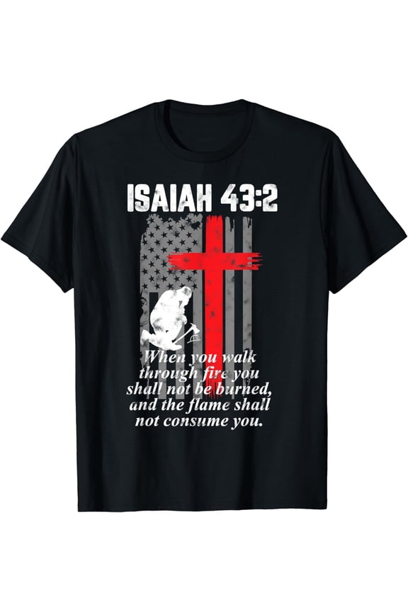 Thin Red Line Firefighter Cross Bible Verse American Flag T-Shirt