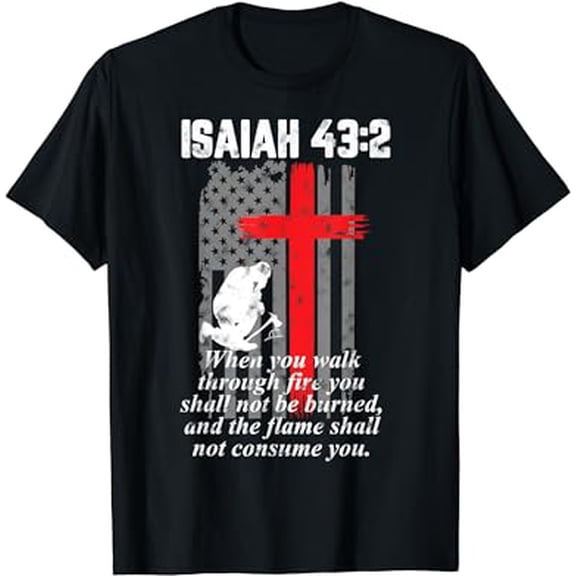 Thin Red Line Firefighter Cross Bible Verse American Flag T-Shirt